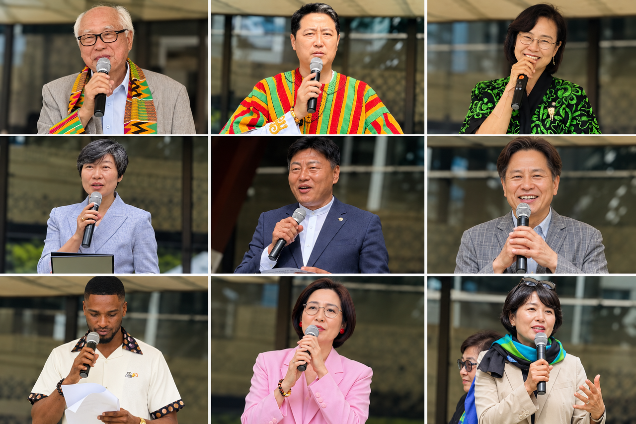 From top left, clockwise: Cho Myung-haeng, director of the Youngwol African Art Museum; Choi Go-jo, Ghanaian ambassador to Korea; Rep. Baek Sun-hee, vice president of the Korea-Ghana Parliamentary Friendship Association; Jeon Gil-ja, head of the Culture and Tourism Division of Yeongwol County; Kim Sang-tae, a member of the Yeongwol County Council; Kim Young-chae, president of the Korea-Africa Foundation; Ghanaian television personality Sam Okyere; and Jeon Su-mi, spokesperson for the Central Party of the Democratic Party of Korea, speak during Ghana Day in Yeongwol County, Gangwon Province, Saturday. (Sanjay Kumar/The Korea Herald)