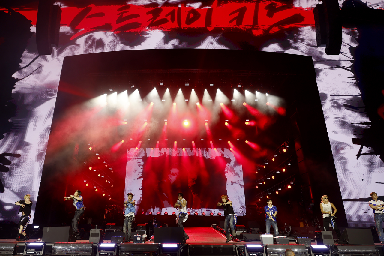 Stray Kids performs during the fifth day of the Rock in Rio 2026 festival in Rio de Janeiro, Brazil, on Friday. (EPA-Yonhap)