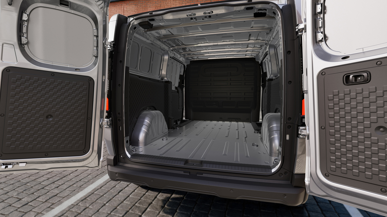 The cargo area of the Kia PV7 Cargo. The Long model offers 6.1 cubic meters of load space and can carry up to three Euro pallets measuring 1,200 by 800mm. [Kia]