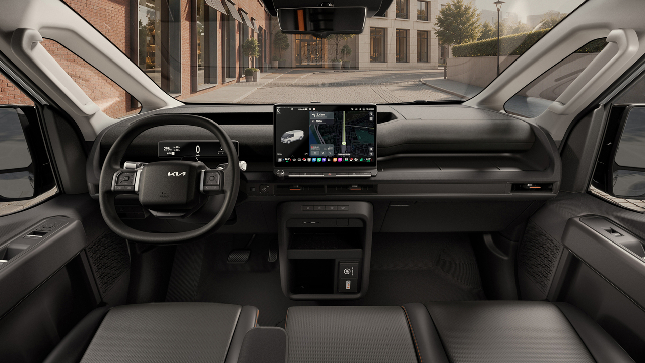 The interior of the Kia PV7 Cargo. A display of up to 14.6 inches sits at the center, while frequently used functions such as climate control are operated via physical buttons. [Kia]