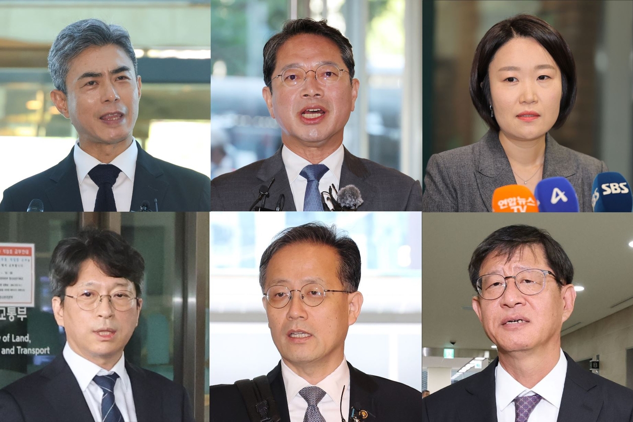 From top left, clockwise: Defense Minister nominee Kang Shin-chul, Justice Minister nominee Kim Seung-won, SMEs Minister nominee Lee So-young, Independent Inspector General nominee Choi Kil-su, Finance Minister nominee Lee Hyoung-il and Land Minister nominee Hong Jee-sun (Yonhap)