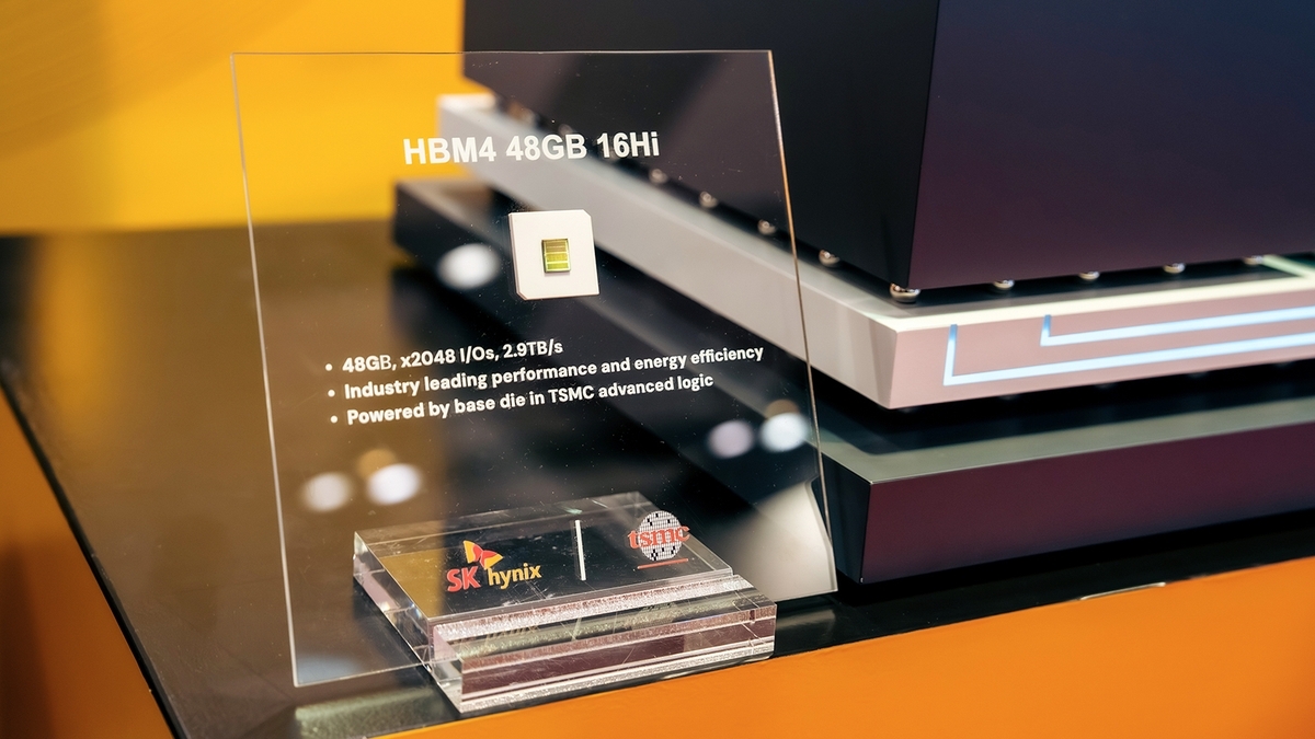 SK hynix’s 48-gigabyte, 16-layer HBM4 product is displayed at the TSMC Technology Symposium in April. Semiconductor technology accounted for the largest number of detected overseas technology leaks in South Korea last year. (SK hynix)