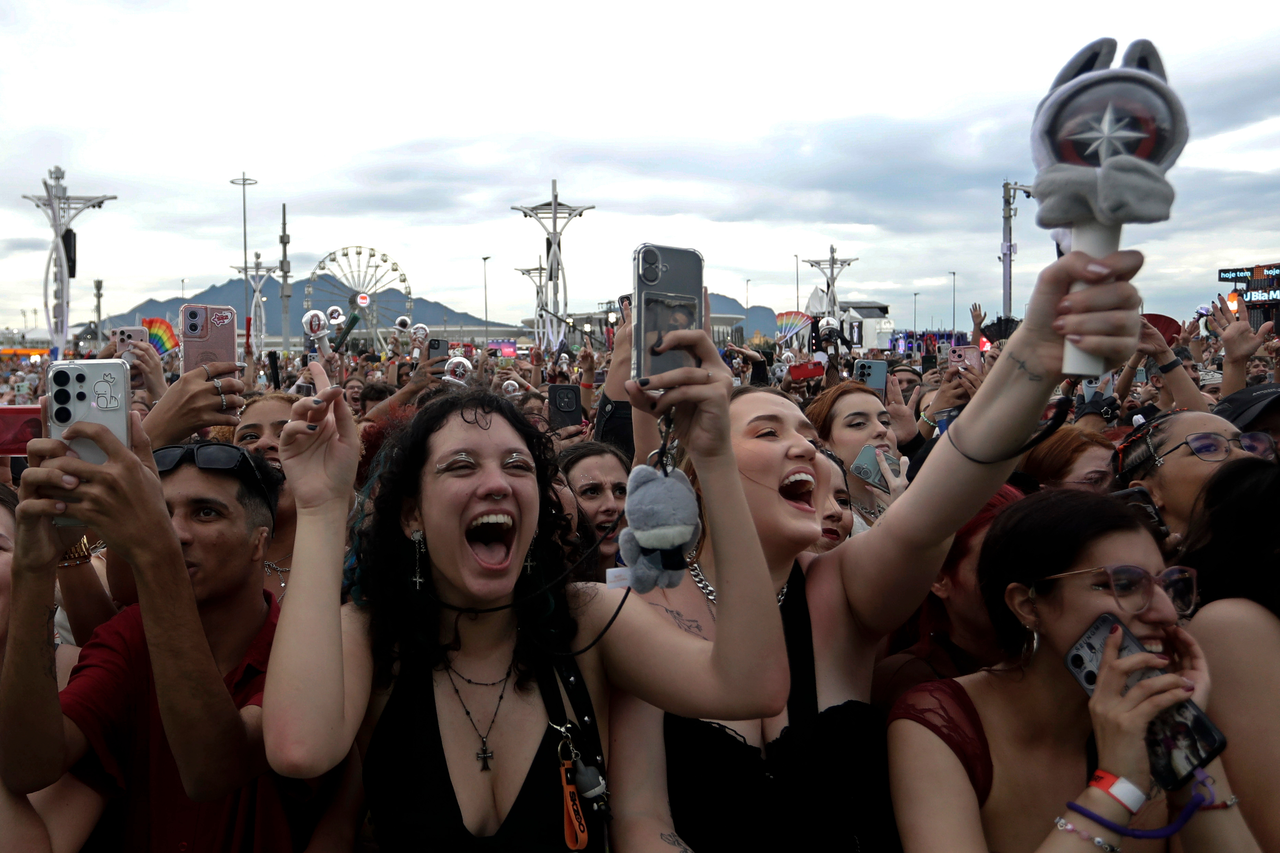 Fans watch the K-pop group NexZ perform during the Rock in Rio music festival in Rio de Janeiro, Brazil, on Friday. (AP-Yonhap)