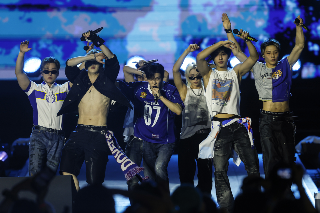 Members of the South Korean group Stray Kids performs during the fifth day of the Rock in Rio 2026 festival in Rio de Janeiro, Brazil, on Friday. (EPA-Yonhap)
