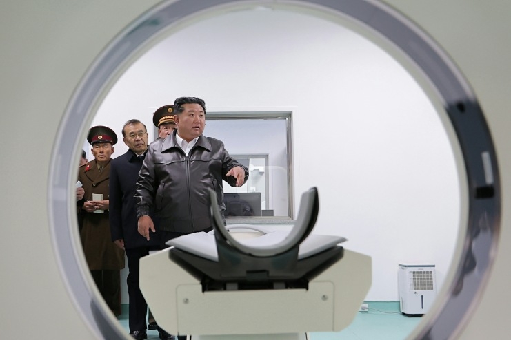North Korean leader Kim Jong-un inspects Kangdong County Hospital, built under the country's "Regional Development 20×10 Policy," in November 2025, according to the Rodong Sinmun. (Rodong Sinmun-Yonhap)