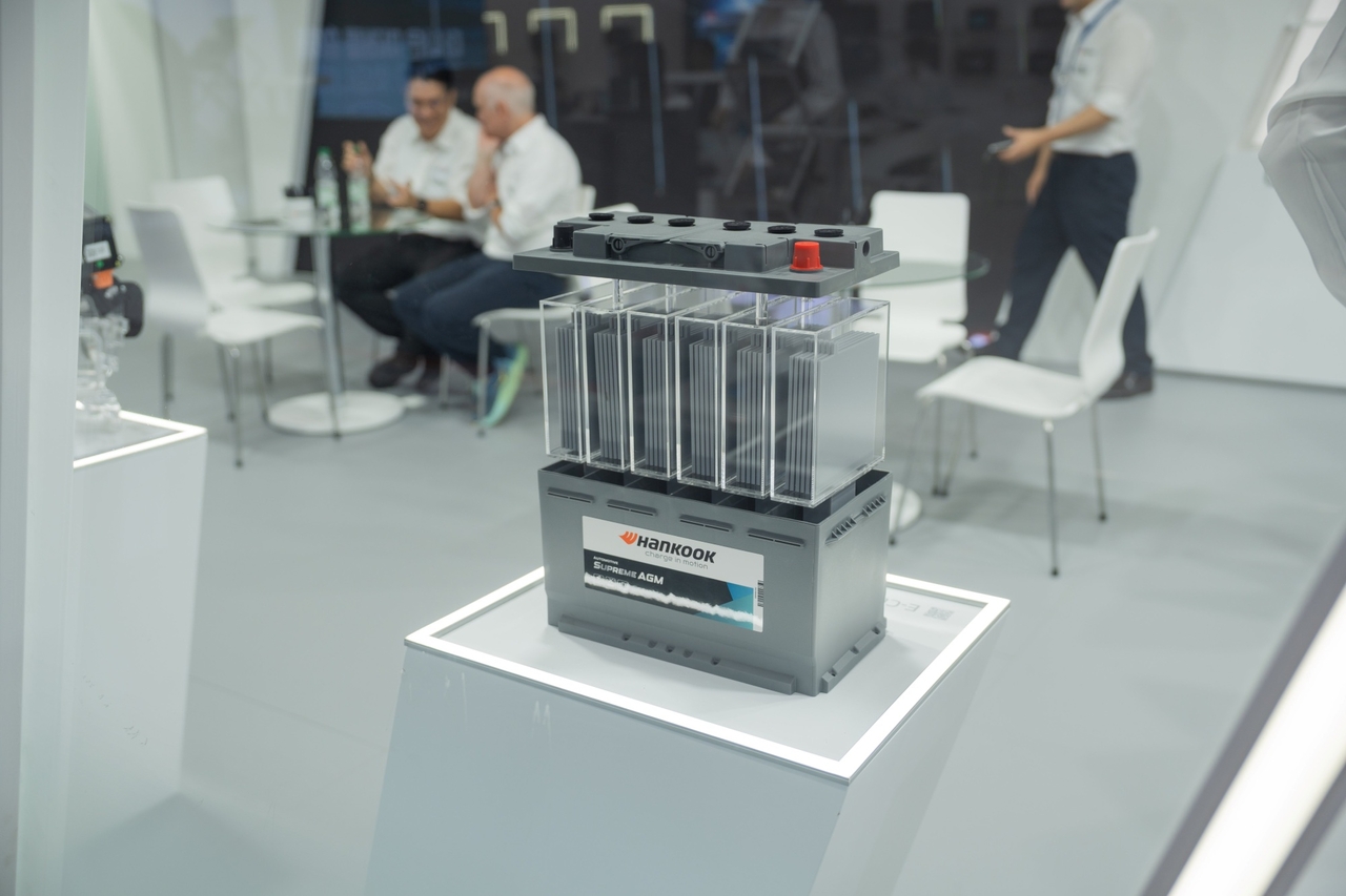 An AGM battery under the Hankook brand displayed by Hankook & at Automechanika Frankfurt 2026. [Hankook & provided]