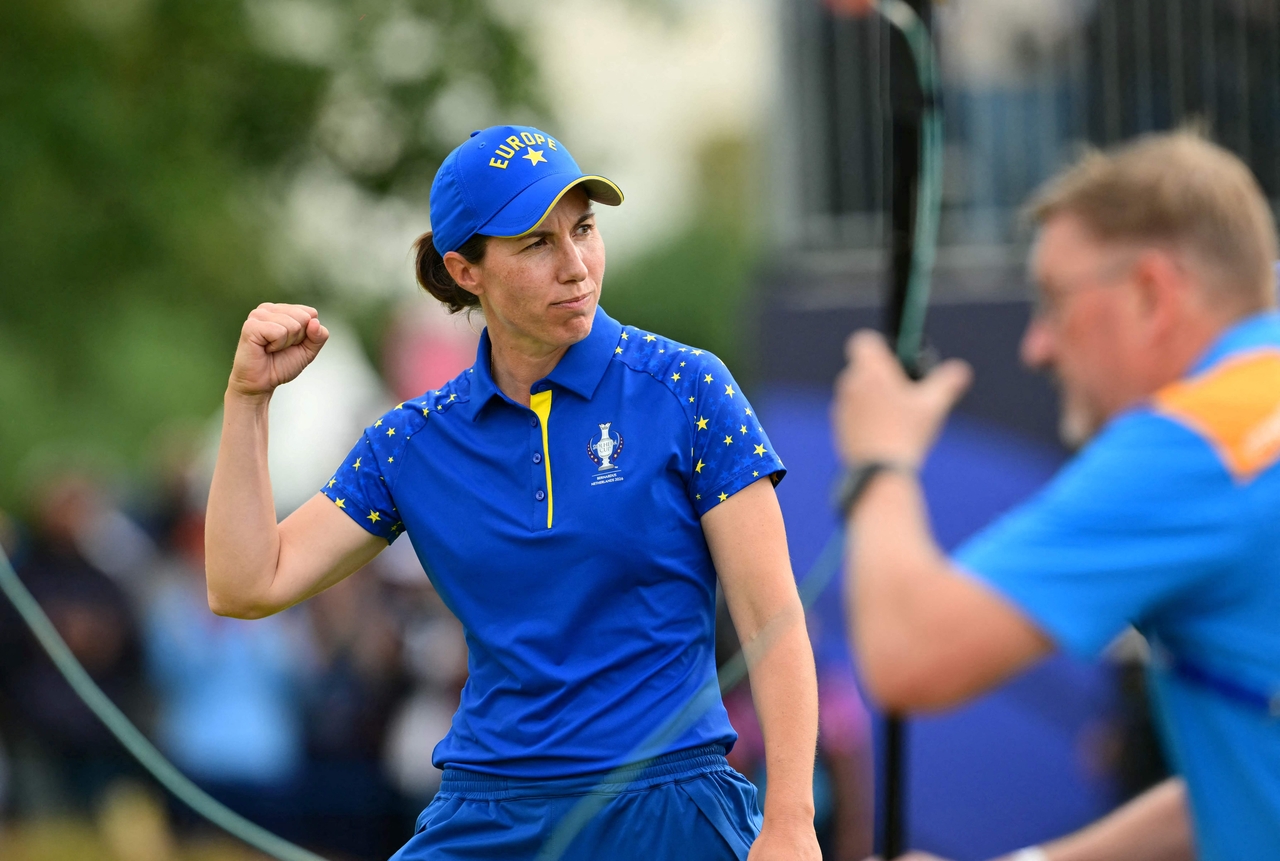 Team Europe's Carlota Ciganda celebrates after defeating Jennifer Kupcho on the final day of the 2026 Solheim Cup, at Cromvoirt, The Netherlands, Sunday.   (AFP-Yonhap)