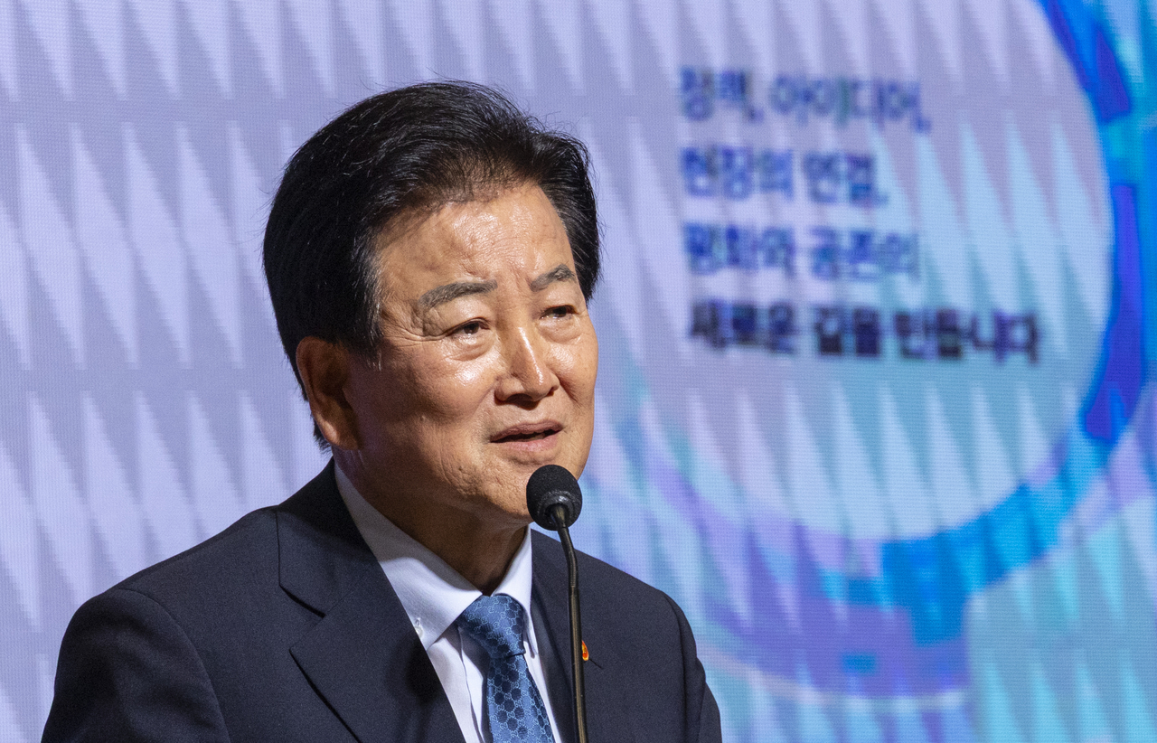 Unification Minister Jeong Dong-young delivers a welcoming address at the 2026 Korean Peninsula Peaceful Coexistence Policy Festival held at the National Assembly on Monday. [Yonhap]