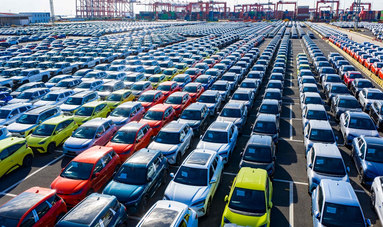 BYD cars and pickup trucks are seen at Suzhou Port in China's eastern Jiangsu province on September 7, 2026. (AFP-Yonhap)