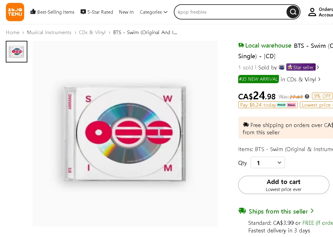Unauthorized copies of BTS' "Swim" single are sold on the Chinese online shopping platform Temu. (@seokyoungduk/Instagram)