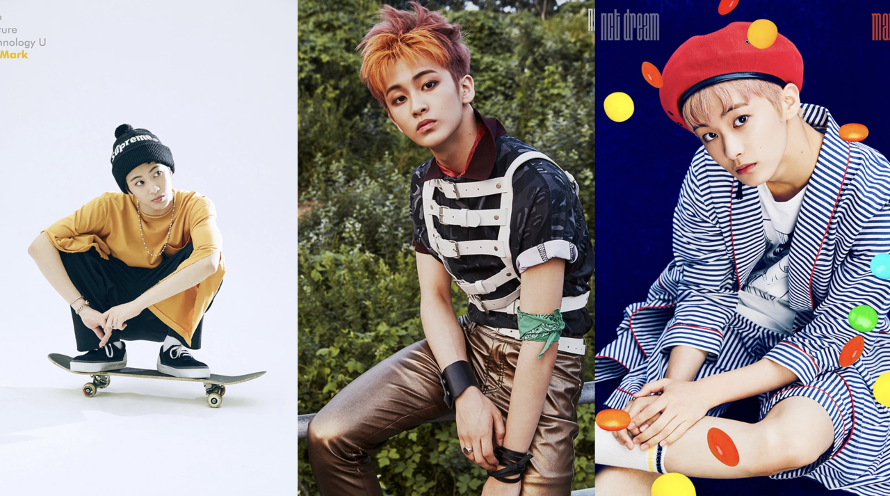 From left: Mark’s photos for NCT U’s “The 7th Sense,” NCT 127’S “Fire Truck” and NCT Dream’s “Chewing Gum” (SM Entertainment)