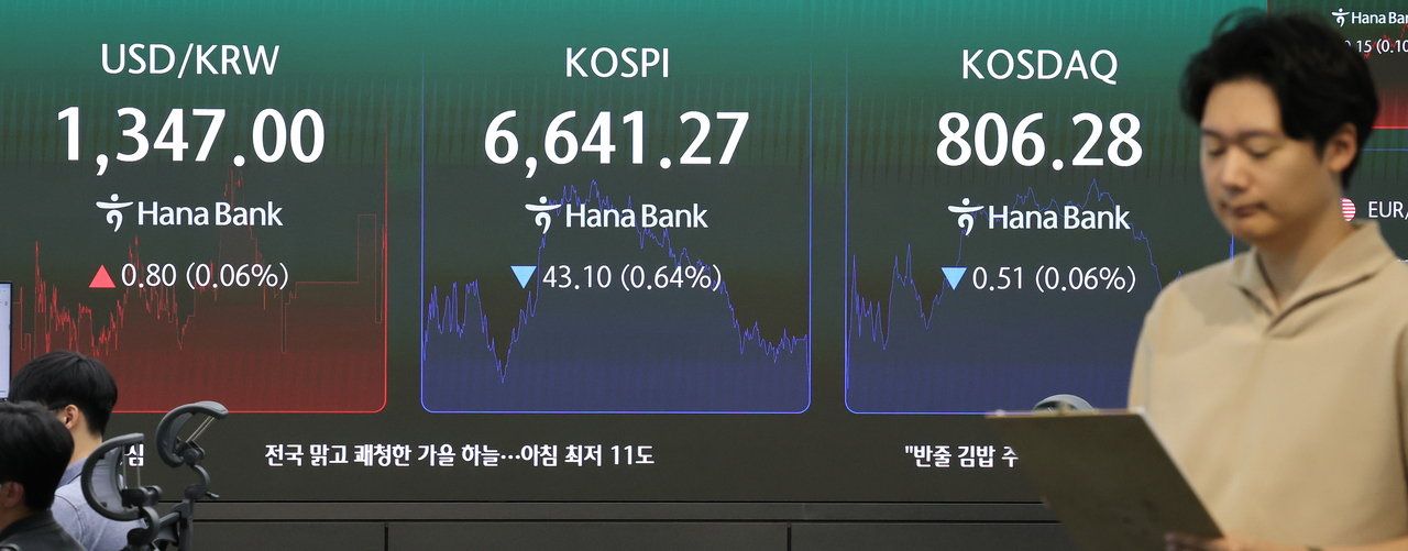 An electronic board showing the Korea Composite Stock Price Index at a dealing room of the Hana Bank headquarters in Seoul on Tuesday. (Yonhap)