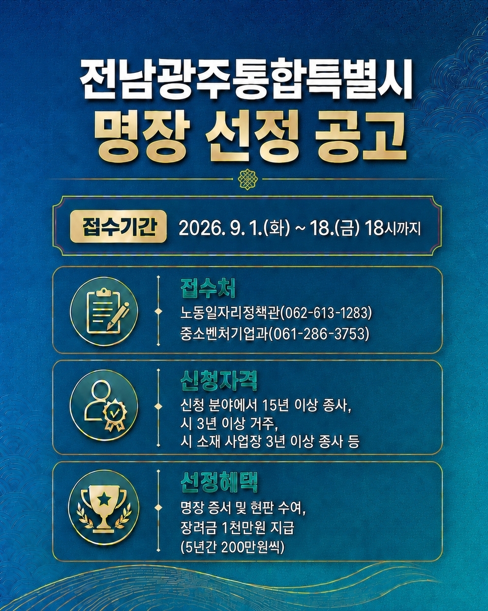 The South Jeolla-Gwangju Integrated Special City is selecting its "2026 Master Craftspeople" to honor skilled technicians who have reached the highest level of expertise in industrial workplaces.
