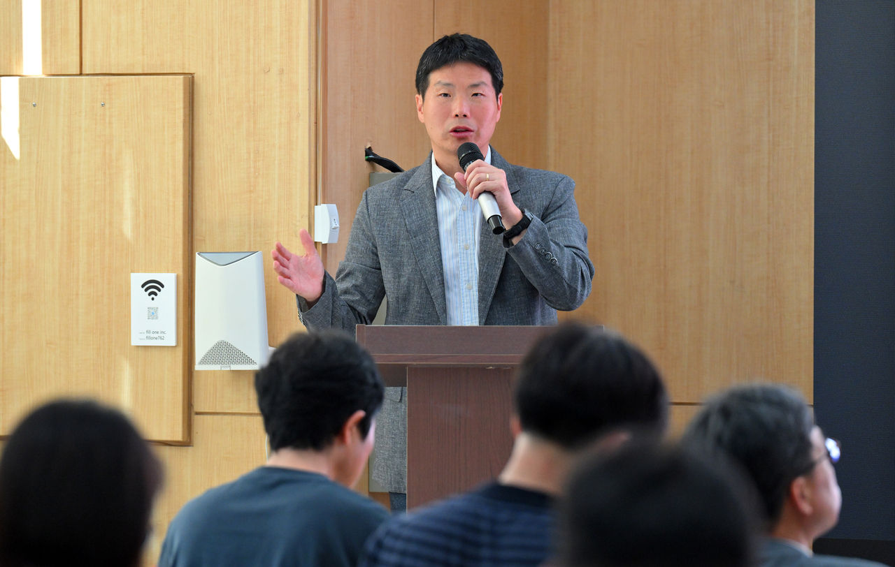 Park Jong-chan, director of the Korean Launch Vehicle Enhancement Program at the Korea Aerospace Research Institute, speaks during a media briefing on preparations for Nuri’s fifth launch in Seoul on Tuesday. (Korea AeroSpace Administration)