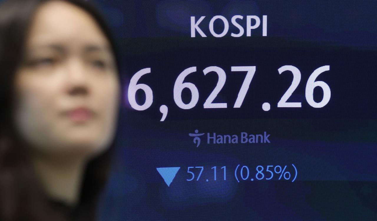 A financial data screen at Hana Bank’s dealing room in central Seoul shows the Kospi closing at 6,627.26, down 57.11 points, or 0.85 percent, from the previous session, Tuesday. (Newsis)