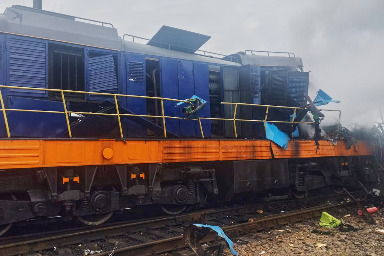 A locomotive is damaged in a Russian drone attack at Yahodyn railway station near Ukraine's border with Poland, Ukraine, Sunday. (AP-Yonhap)