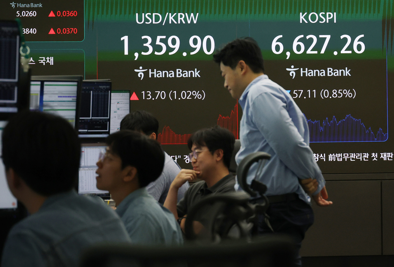 The closing Kospi level and won-dollar exchange rate are displayed on the dealing-room board at Hana Bank's headquarters in Jung-gu on Tuesday. [Yonhap]