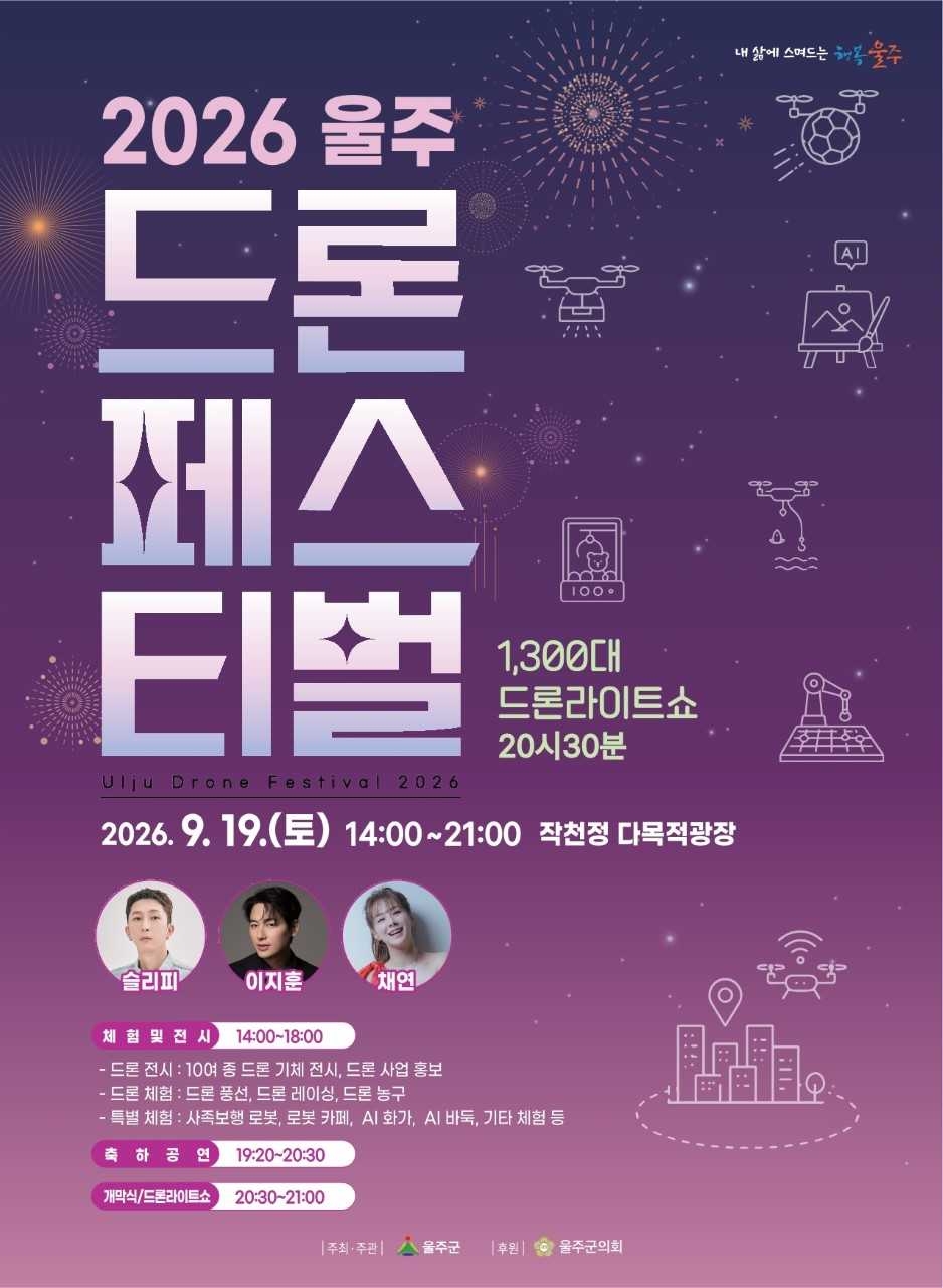 A promotional poster for the 2026 Ulju Drone Festival, to be held at Jakcheonjeong Multipurpose Plaza in Samnam-eup, Ulju-gun, Ulsan, on Saturday. [Ulju-gun Office]