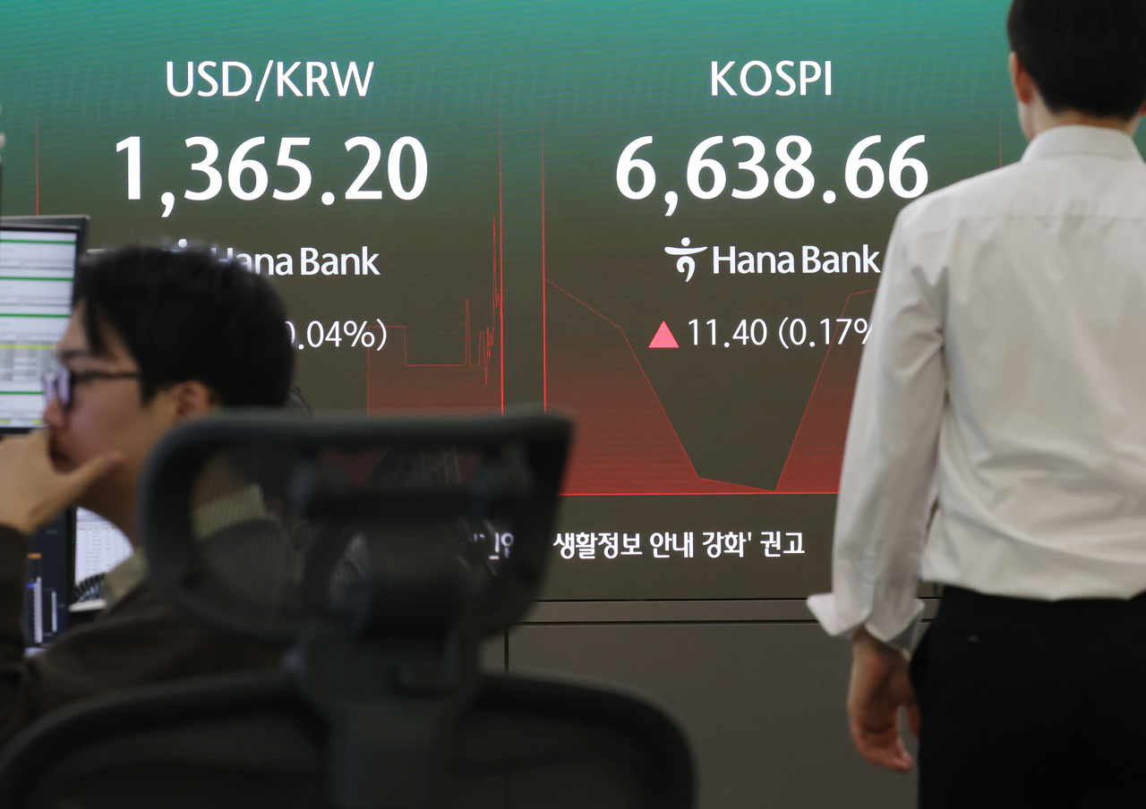 An electronic board showing the Korea Composite Stock Price Index at a dealing room of the Hana Bank headquarters in Seoul on Wednesday. (Yonhap)