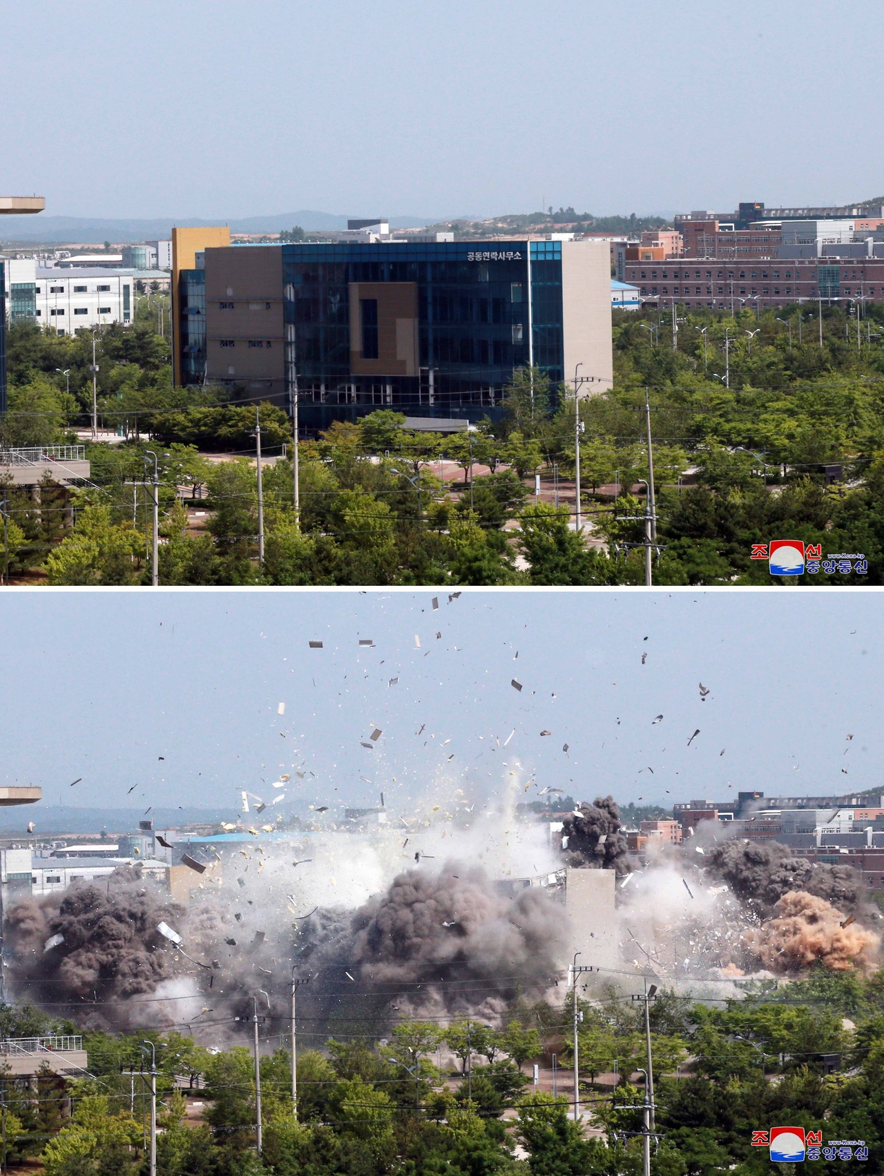 A combination of photos shows the inter-Korean liaison office in Kaesong before (top) and after its demolition by North Korea on June 16, 2020.  (Yonhap)