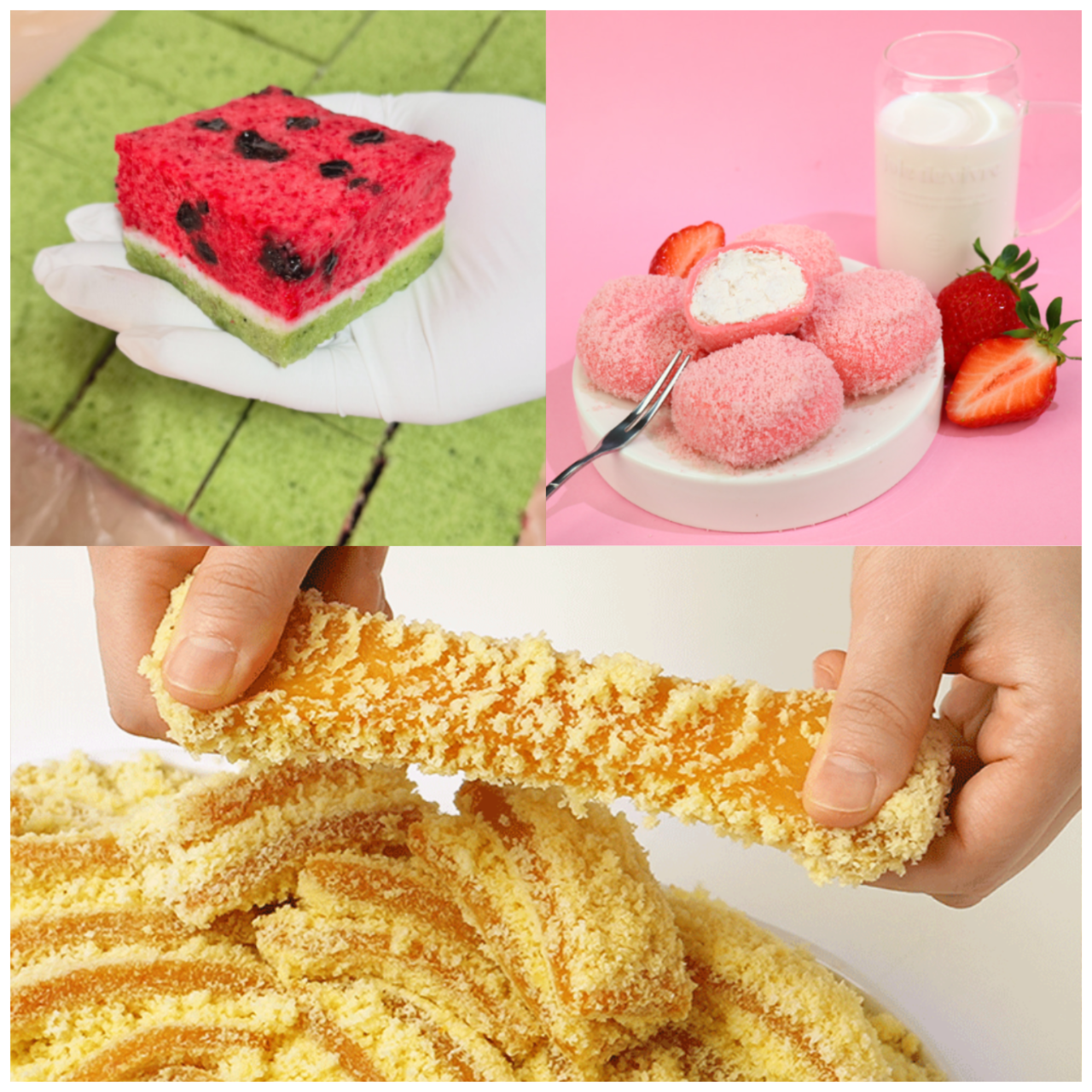 From the top left, clockwise: watermelon tteok from Dongcheon Tteok Shop in Gwangju, Iksan NongHyup's strawberry chapssal tteok, and pumpkin injeolmi tteok from Changeok Tteok in Gwangju (Instagram @dongcheon_tteok1116, Pungnam Sanghoe, Changeok Tteok)