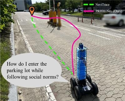 This photo demonstrates PRISM-Nav (pink line) compared with the conventional approach (green dotted line), which crosses the exit lane. PRISM-Nav recognizes social norms and enters the parking lot accordingly. (KAIST)
