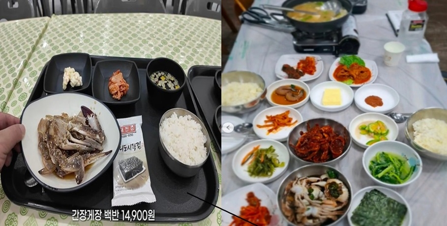 Left: A 14,900-won marinated crab set meal sold at a restaurant inside the expo venue, as shown by food review YouTuber "Mat Sangmu." Right: a comparable set meal sold at a similar price, shared on social media by a Yeosu resident. (X)