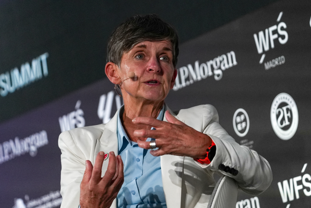 UEFA Vice President and Executive Committee member Laura McAllister speaks during the World Football Summit, in Madrid, Spain, Wednesday.    (Reuters-Yonhap)