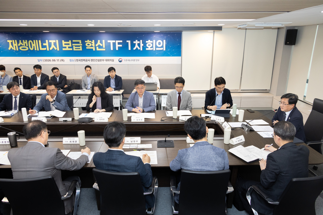 김성환 기후에너지환경부 장관이 17일 서울 중구 한국전력공사 경인건설본부에서 열린 재생에너지 보급 혁신 TF 1차 회의를 주재하고 있다. [기후에너지환경부 제공]