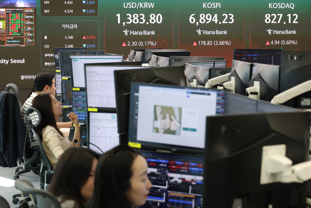 An electronic board showing the Korea Composite Stock Price Index at a dealing room of the Hana Bank headquarters in Seoul on Friday. (Yonhap)