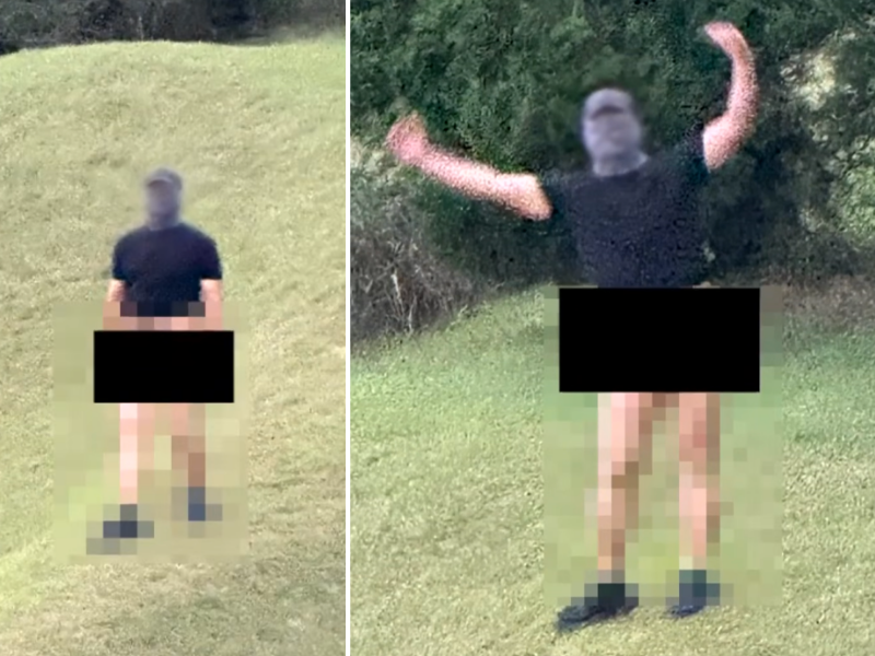 A masked man stands pantsless on a low hill near a girls' high school (left) and appears to be dancing with his arms raised. (Screenshot from JTBC's "Crime Chief")