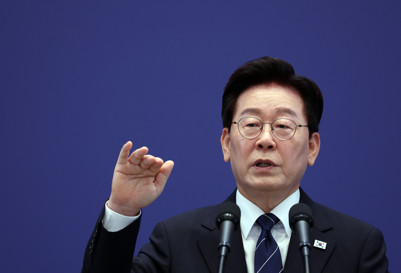 President Lee Jae Myung speaks during a press conference at Cheong Wa Dae in Seoul on Friday. (Yonhap)