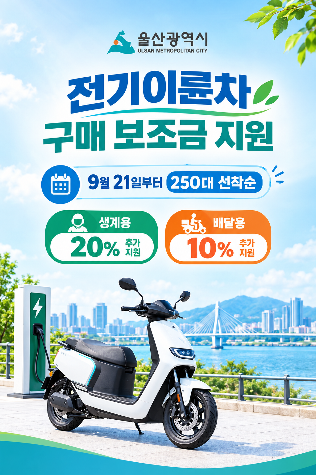 울산시가 전기이륜차 구매 보조금을 21일부터 250대 한정으로 선착순 지원한다. 사진은 AI 생성 이미지.