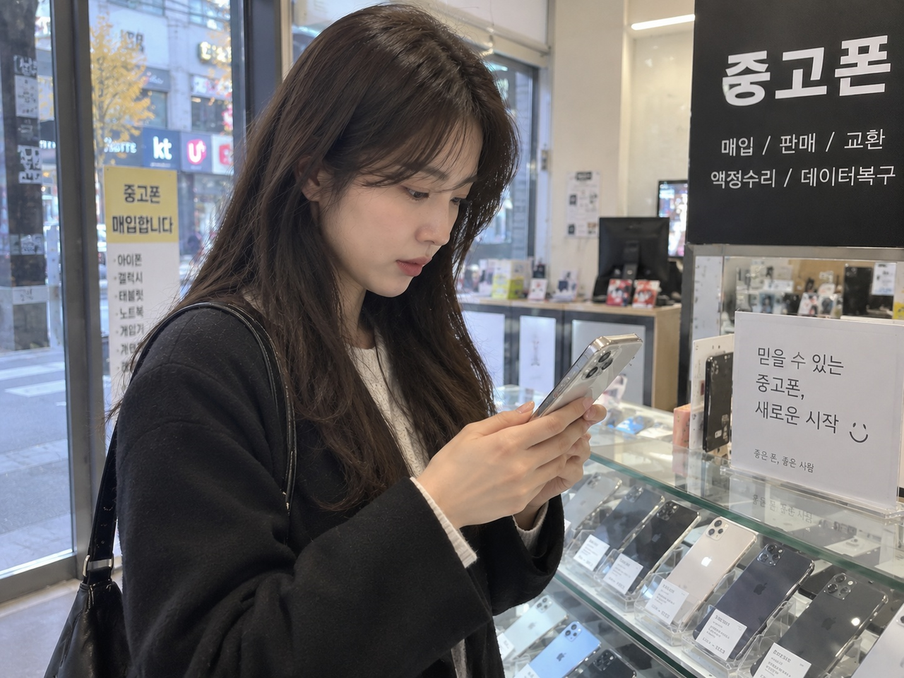한 소비자가 중고 스마트폰을 살펴보고 있는 모습. [챗GPT AI로 제작]