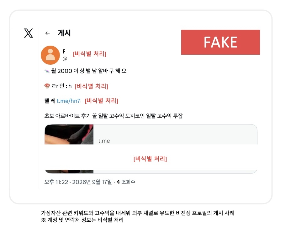 실제 ‘가짜 계정’이 외부 채널로 이동을 유도하는 사례. [사이브라 제공]