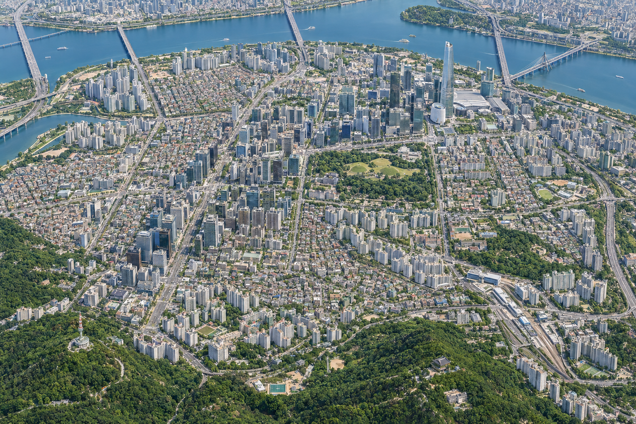 An AI-generated aerial view of Gangnam-gu