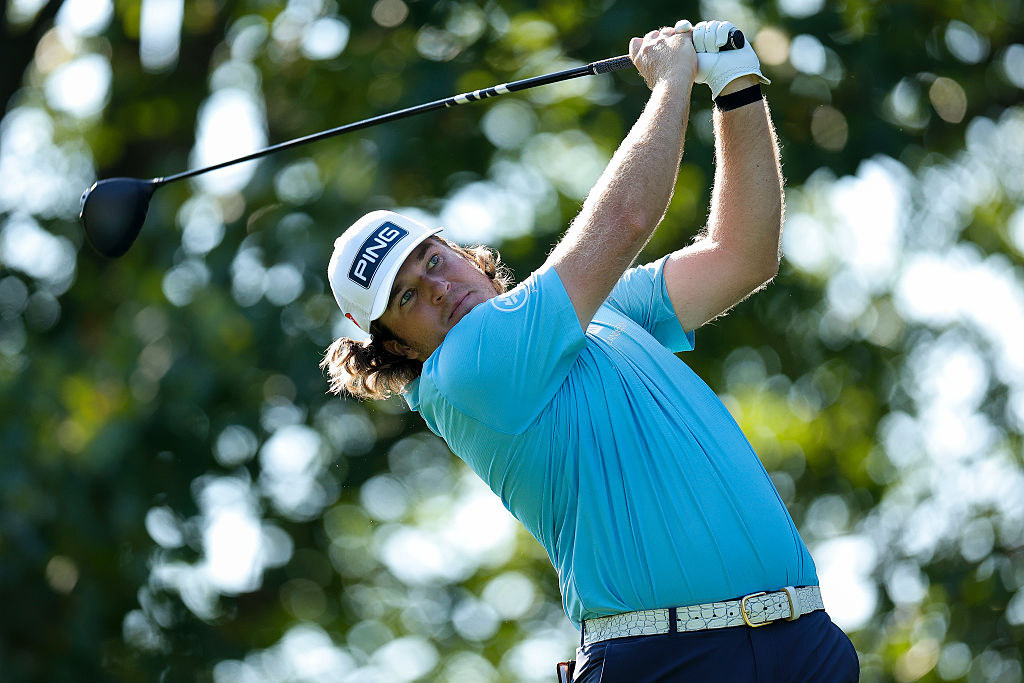 Neal Shipley of the United States tees off on the sixth hole during the second round of the Biltmore Championship at The Cliffs at Walnut Cove in Arden, North Carolina, on Saturday (local time). [Getty Images]