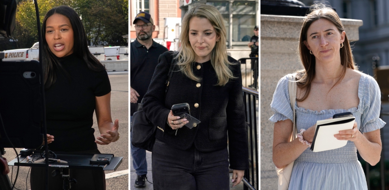 MS NOW White House reporter Akayla Gardne (left), CNN Senior White House Reporter Betsy Klein (center) and Politico White House reporter Cheyenne Haslett near the White House complex after all were denied entry to the complex in Washington on Saturday. (AP-Yonhap)