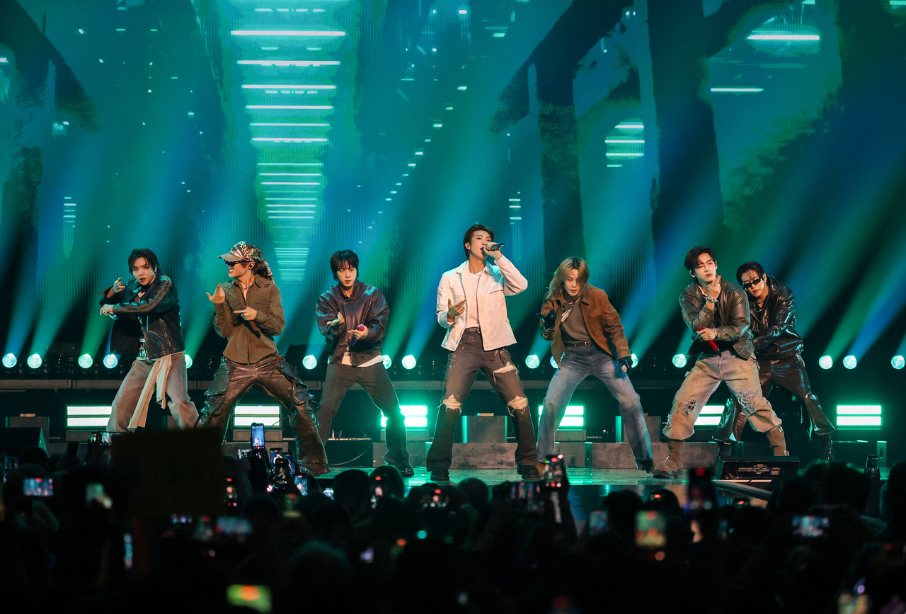 BTS performs onstage during the iHeartRadio Music Festival at T-Mobile Arena on Friday in Las Vegas. (Getty Images)