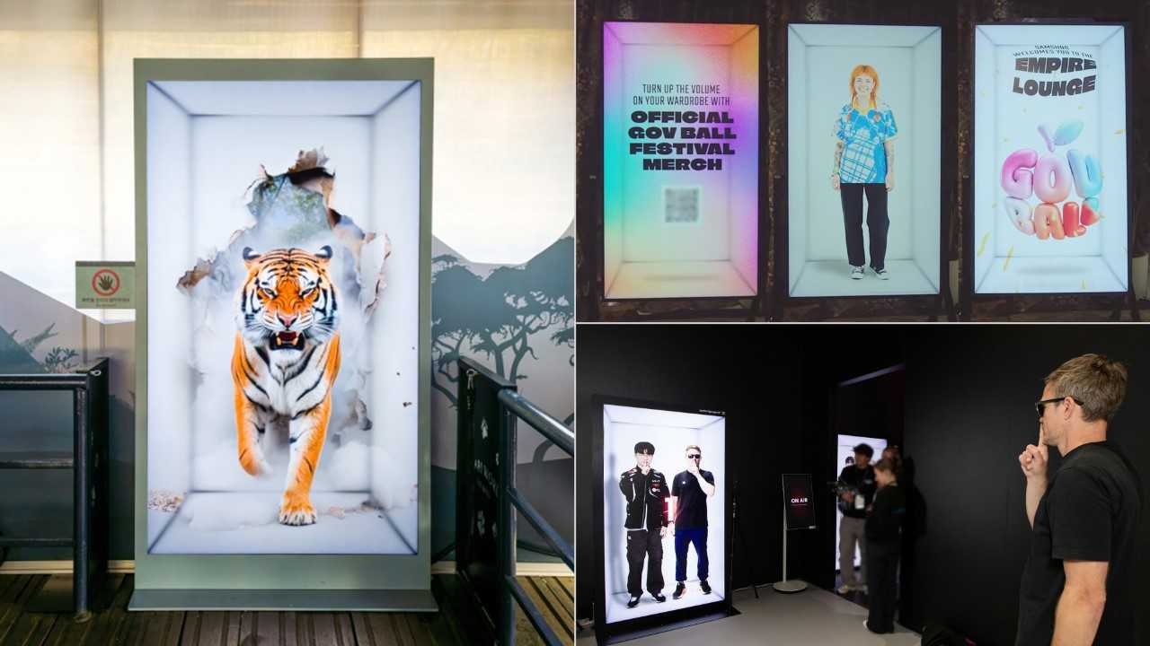 Clockwise from left: Samsung Electronics’ Spatial Signage in the waiting area at Everland’s Safari World in South Korea, at a merchandise stand at the Governors Ball Music Festival in the US, and as a 3D photo zone at Gamescom 2026 in Germany. (Samsung Electronics)