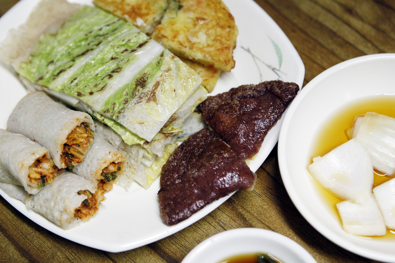 An assorted jeon platter at Jeongseon Arirang Market