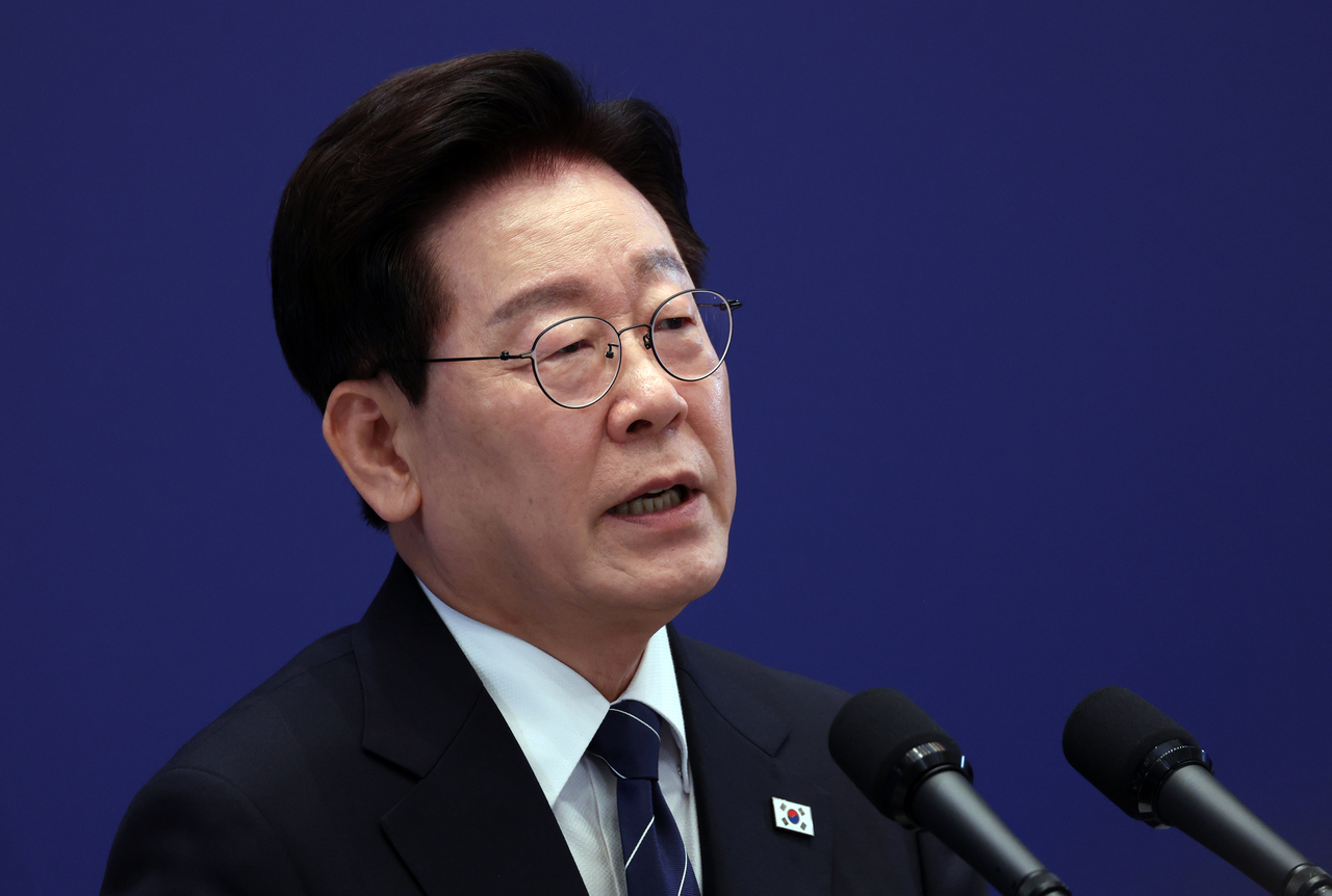 President Lee Jae Myung speaks during a news conference held at Cheong Wa Dae in Seoul on Friday. (Yonhap)