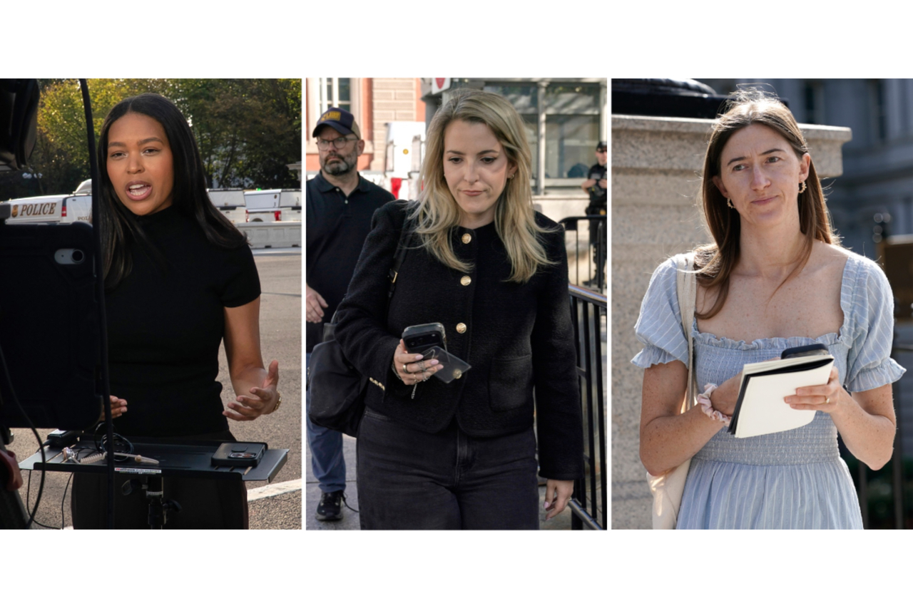 MS NOW White House reporter Akayla Gardne (left), CNN Senior White House Reporter Betsy Klein (center) and Politico White House reporter Cheyenne Haslett near the White House complex after all were denied entry to the complex in Washington on Saturday. (AP-Yonhap)
