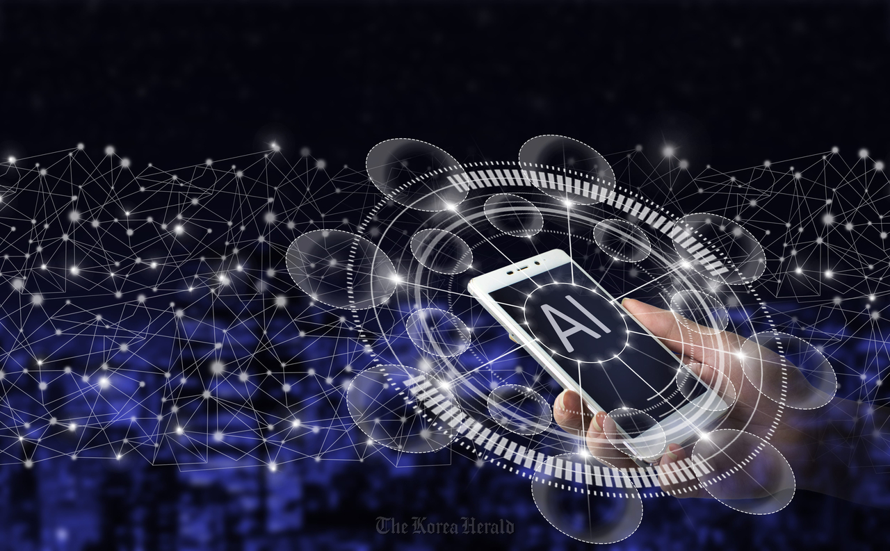AI, Machine learning. Hand hold white smartphone with digital hologram Artificial intelligence sign on city dark blurred background. Artificial intelligence industry 4.0.
