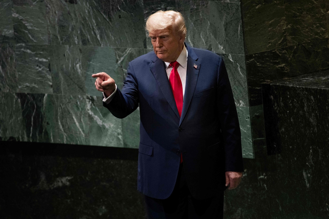 US President Donald Trump gestures to the audience after delivering his speech at the UN General Assembly in New York. [AFP]
