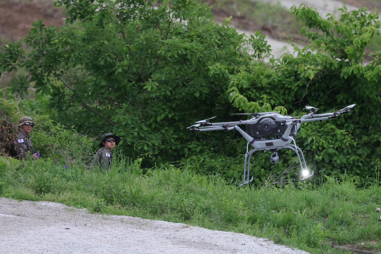 This file photo shows a military surveillance drone operating during a drill in Pocheon, north of Seoul, on May 28. (Yonhap)