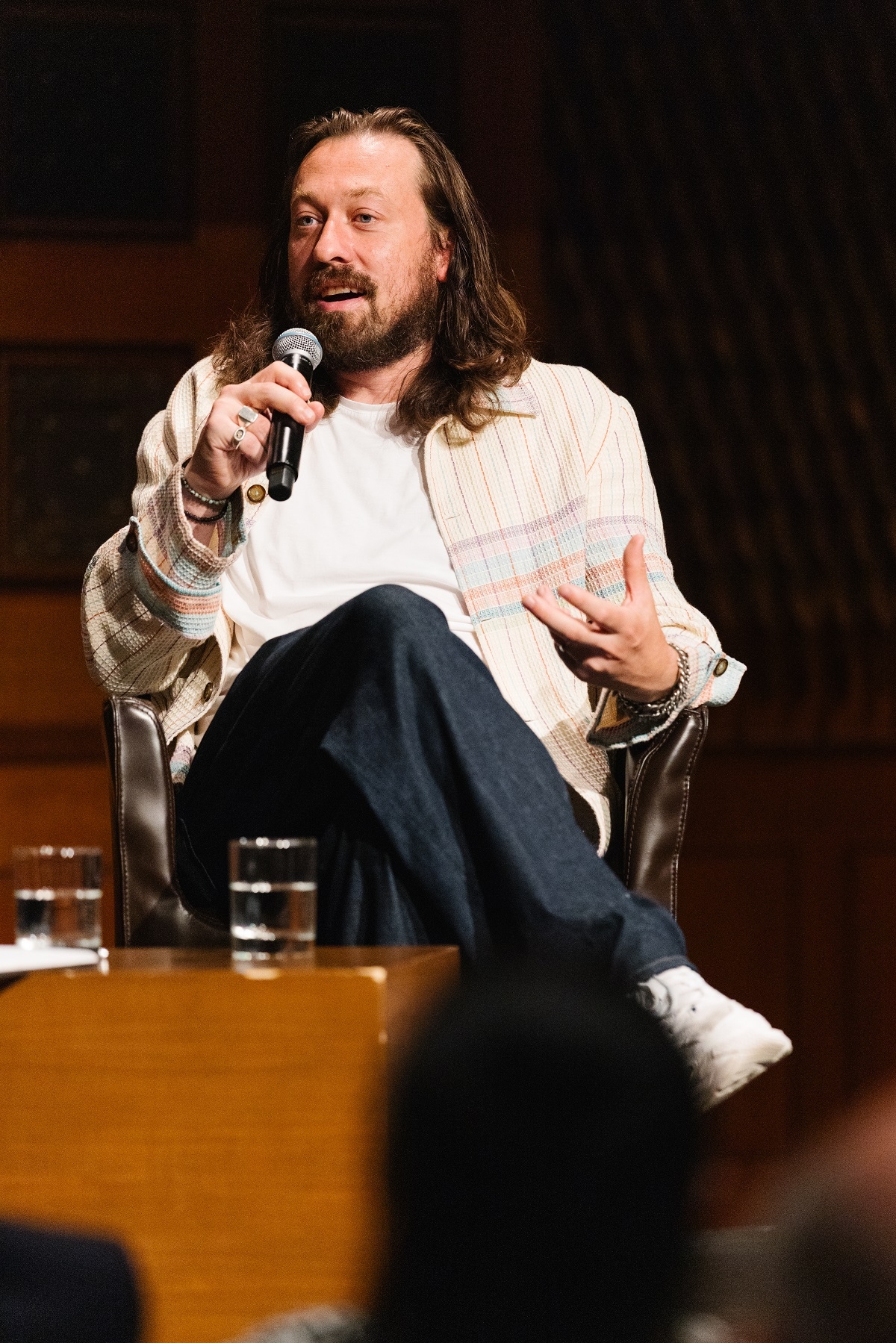 Director and dramatist Simon Stone speaks during the artist talk session for "The Cherry Orchard" at Park Avenue Armory in New York, Thursday. (Park Avenue Armory)