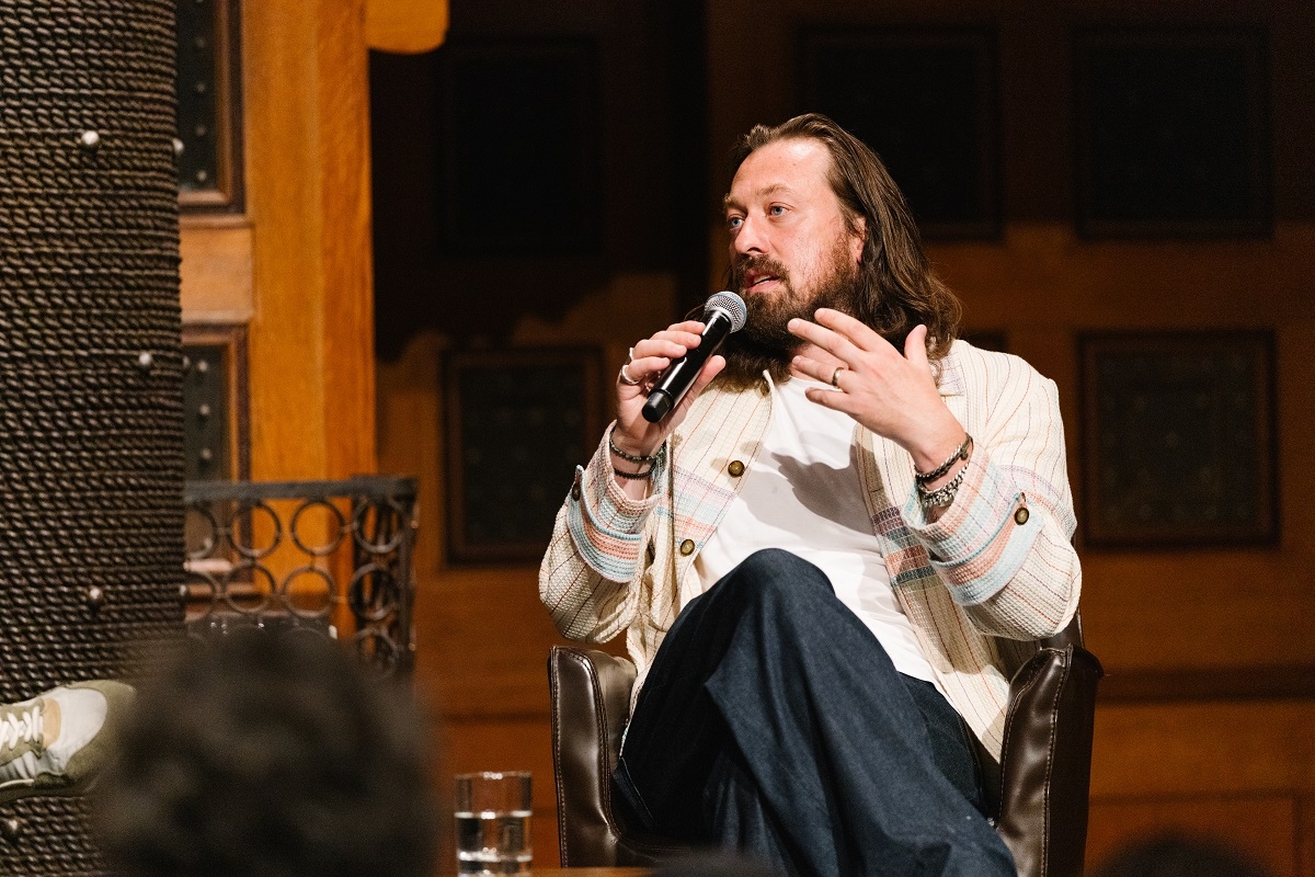 Director and dramatist Simon Stone speaks during the artist talk session for "The Cherry Orchard" at Park Avenue Armory in New York, Thursday. (Park Avenue Armory)