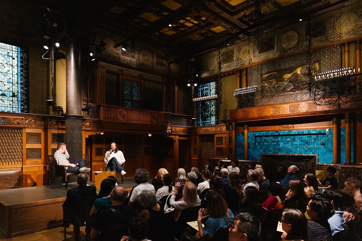 Director and dramatist Simon Stone speaks during the artist talk session for "The Cherry Orchard" at Park Avenue Armory in New York, Thursday. (Park Avenue Armory)