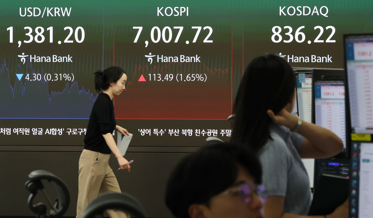 An electronic board showing the Korea Composite Stock Price Index at a dealing room of the Hana Bank headquarters in Seoul on Monday. (Yonhap)